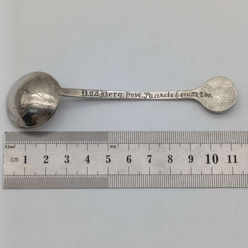 Boer War Pow prisoner of war trench art silver coin spoon by D. vd Berg P.O.W Paardeberg