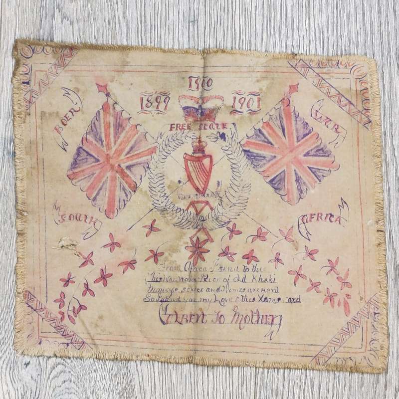Boer War Soldiers khaki cloth xmas message - Irish regiment - From Albert to his mother