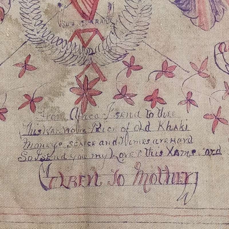 Boer War Soldiers khaki cloth xmas message - Irish regiment - From Albert to his mother