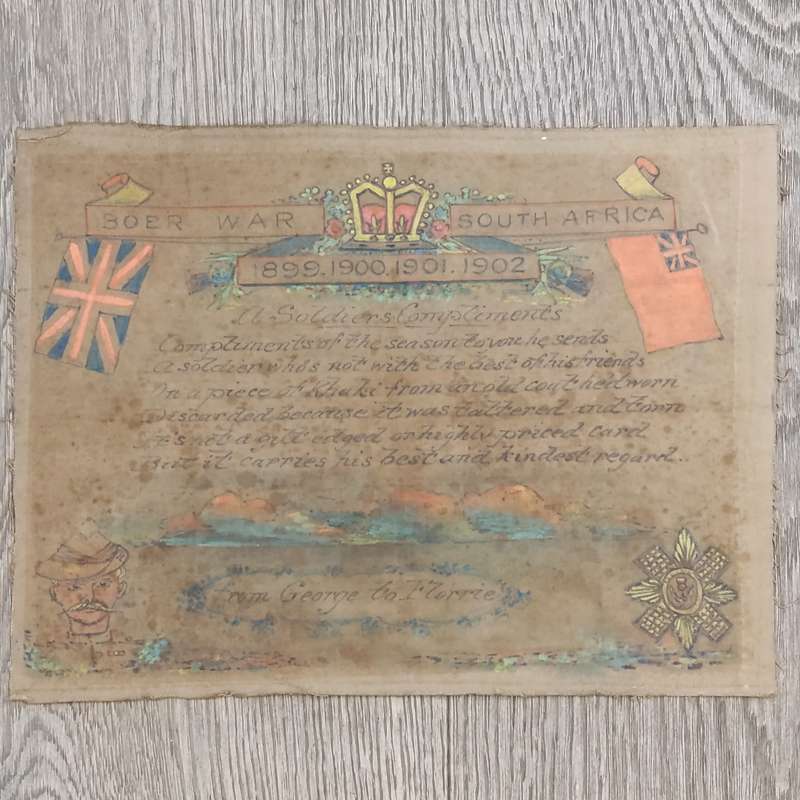 Boer War Soldiers khaki cloth greetings message - Scots Guard - From George to Florrie