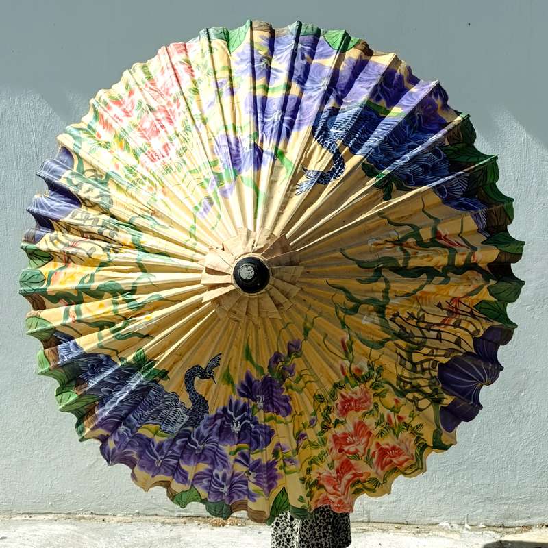 Vintage large handpainted Bamboo and cloth parasol