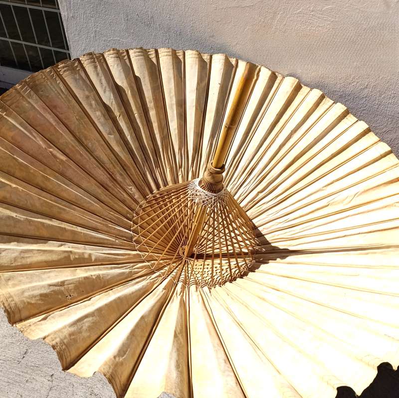 Vintage large handpainted Bamboo and cloth parasol
