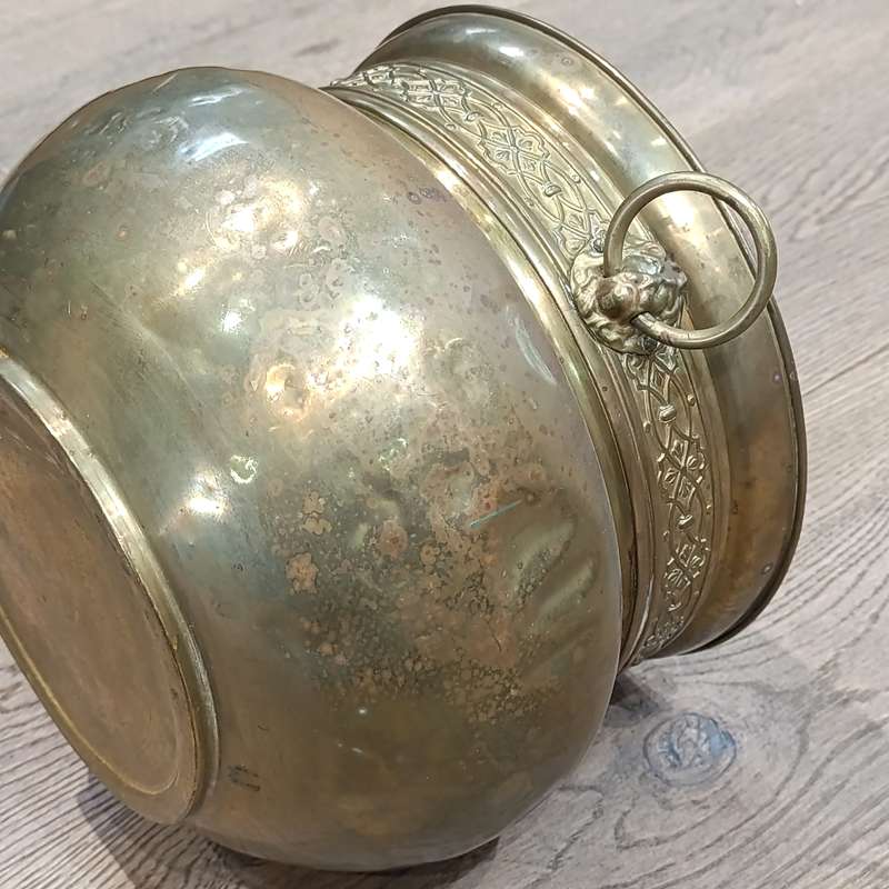 Antique English brass planter with Lion's Head handles