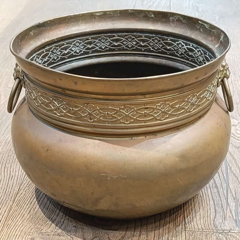 Antique English brass planter with Lion's Head handles
