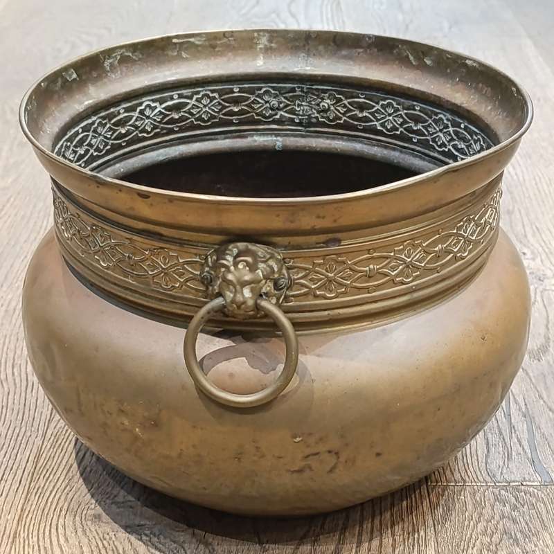 Antique English brass planter with Lion's Head handles