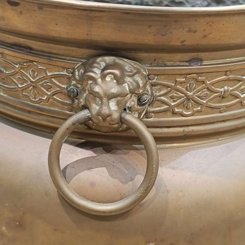 Antique English brass planter with Lion's Head handles