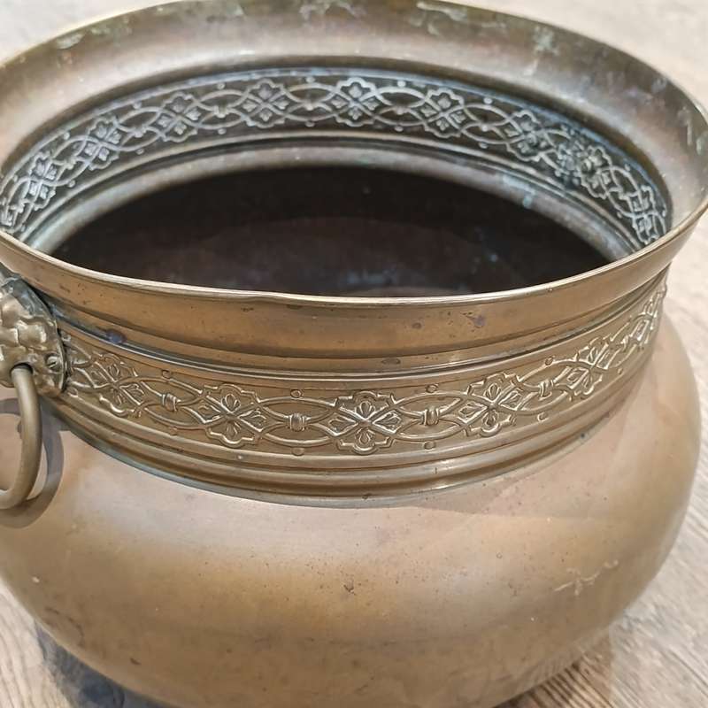 Antique English brass planter with Lion's Head handles