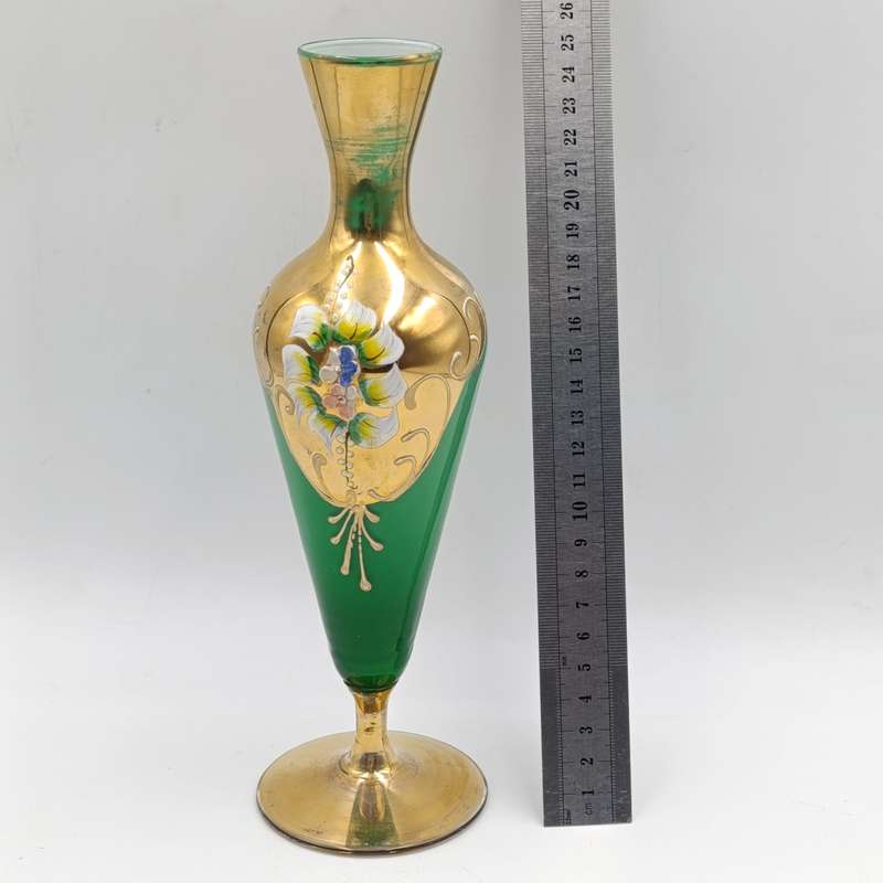 Vintage handpainted Venetian green art glass flower vase