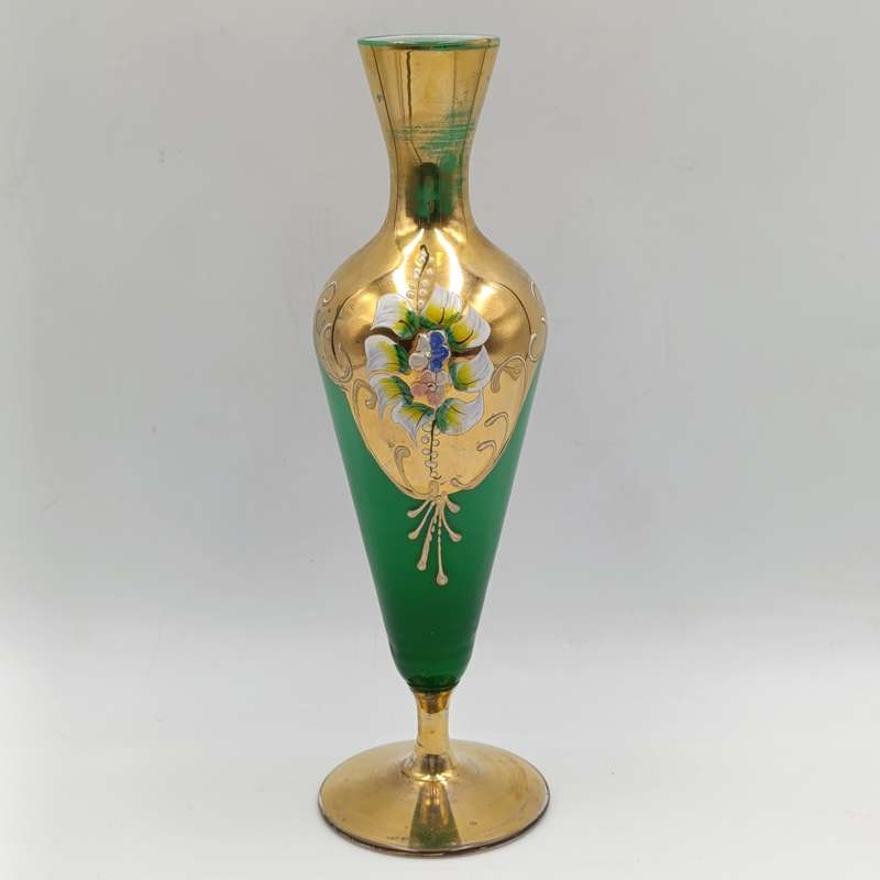 Vintage handpainted Venetian green art glass flower vase