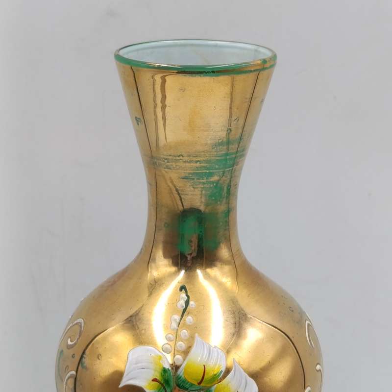 Vintage handpainted Venetian green art glass flower vase