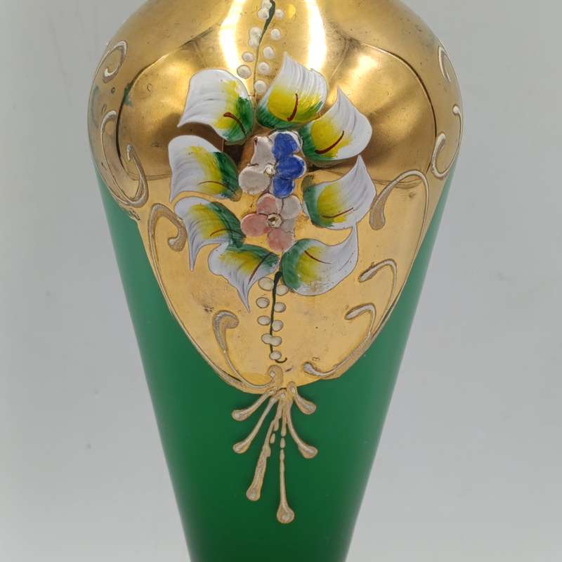 Vintage handpainted Venetian green art glass flower vase