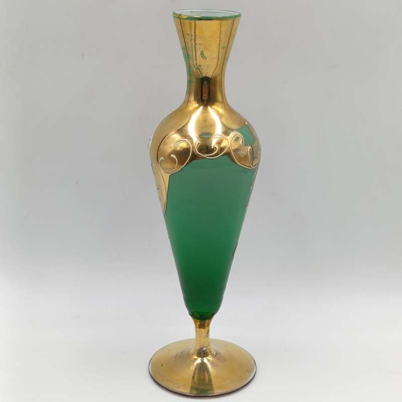 Vintage handpainted Venetian green art glass flower vase