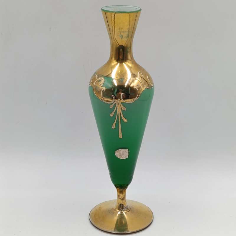 Vintage handpainted Venetian green art glass flower vase