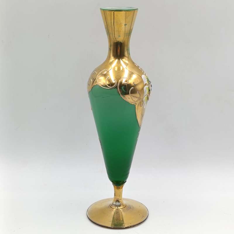 Vintage handpainted Venetian green art glass flower vase