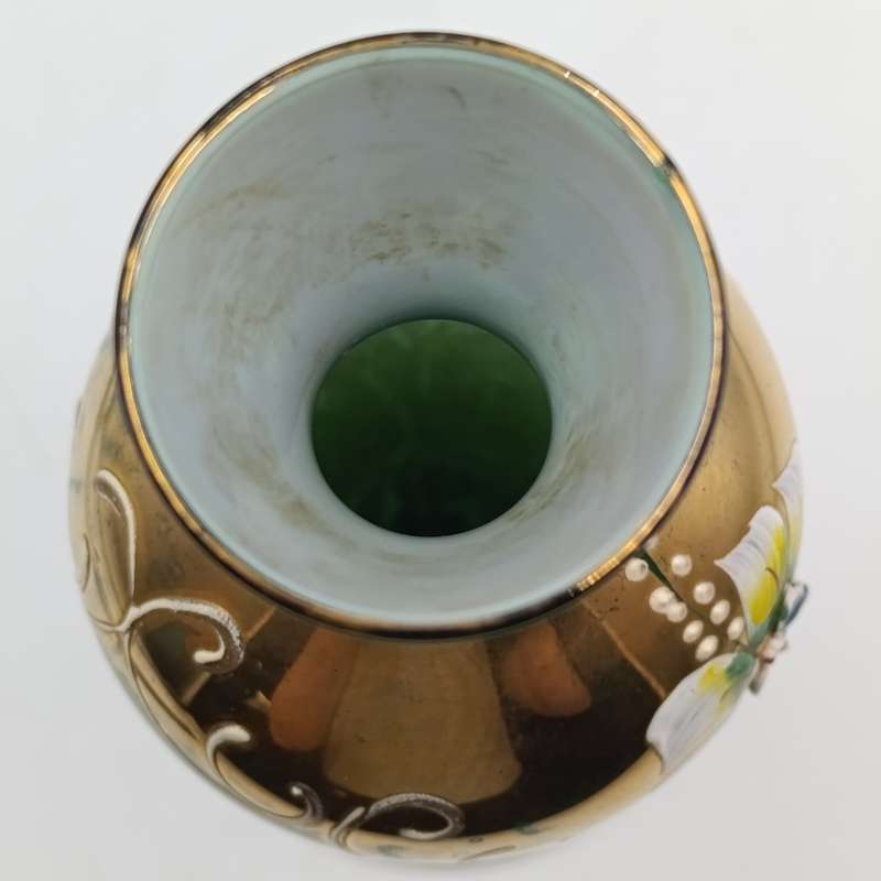 Vintage handpainted Venetian green art glass flower vase