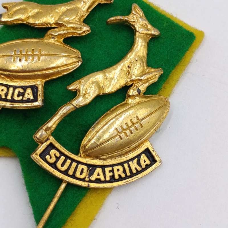 Vintage Springbok Rugby pin brooches - in English and Afrikaans