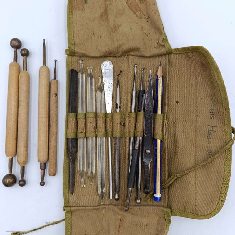 Lot of vintage clay modelling tools in pouch