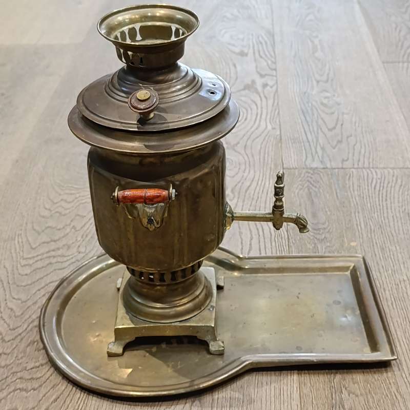 Vintage brass Russian Samover with teapot, drip tray and bowl