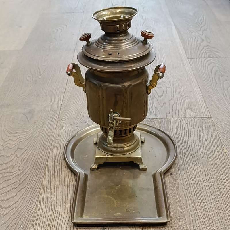 Vintage brass Russian Samover with teapot, drip tray and bowl