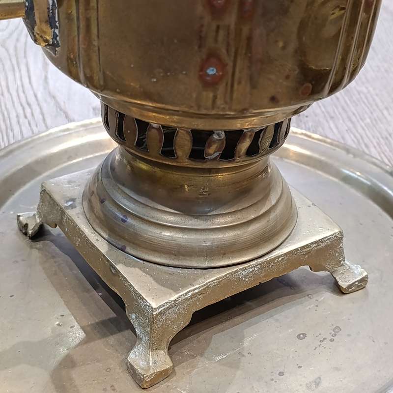 Vintage brass Russian Samover with teapot, drip tray and bowl