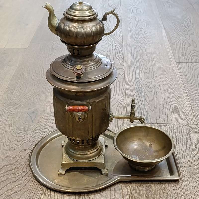 Vintage brass Russian Samover with teapot, drip tray and bowl