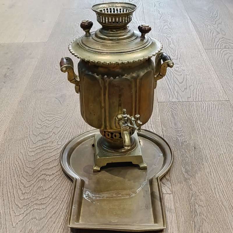 Vintage brass Russian Samovar with teapot, drip ray and bowl