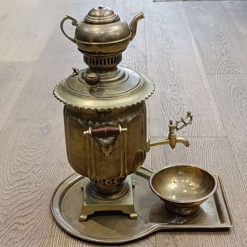 Vintage brass Russian Samovar with teapot, drip ray and bowl