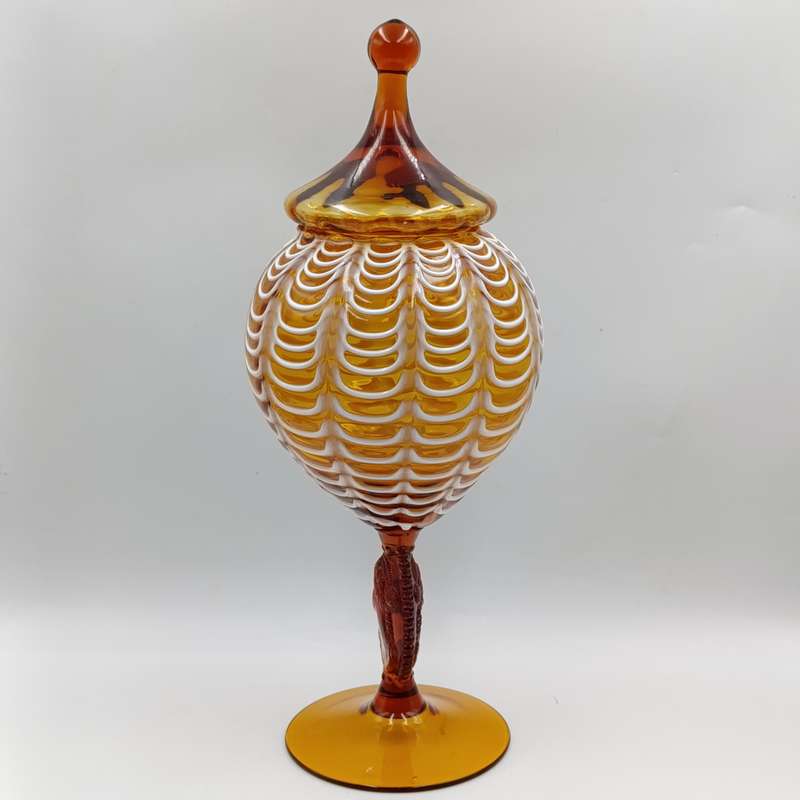 Vintage Italian Cameo Murano glass draped amber vase compote with lid - origin empoli