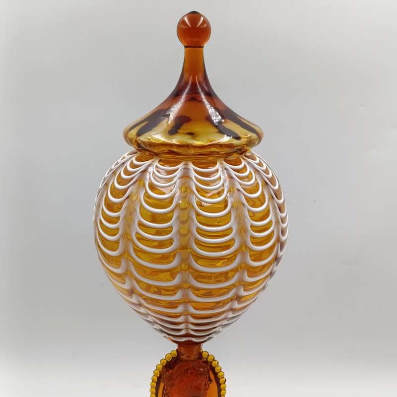 Vintage Italian Cameo Murano glass draped amber vase compote with lid - origin empoli