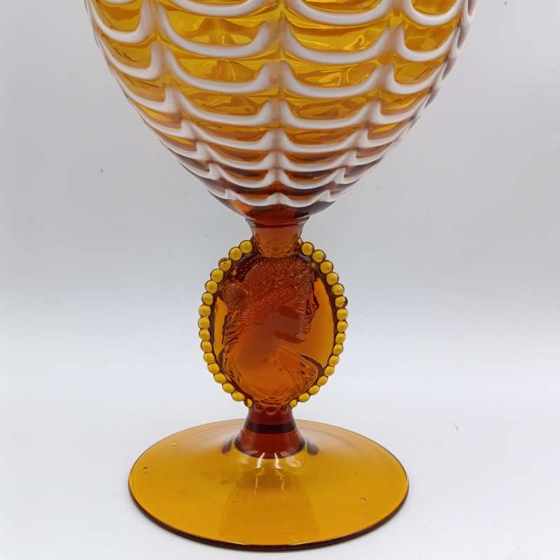 Vintage Italian Cameo Murano glass draped amber vase compote with lid - origin empoli