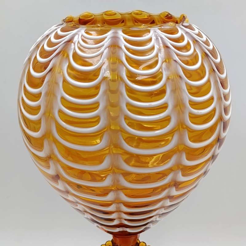 Vintage Italian Cameo Murano glass draped amber vase compote with lid - origin empoli