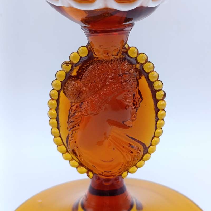 Vintage Italian Cameo Murano glass draped amber vase compote with lid - origin empoli