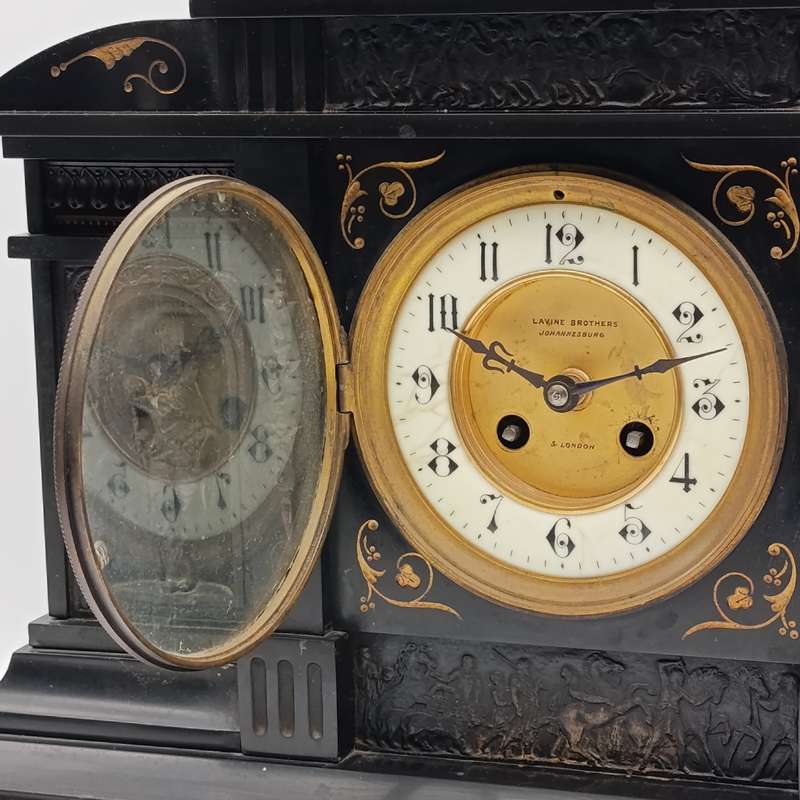 Antique Lavine Brothers Johannesburg marble stone mantle clock - runs and stops