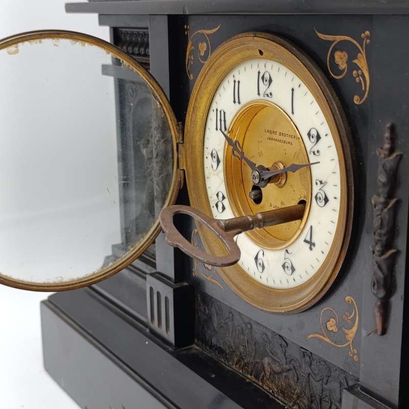 Antique Lavine Brothers Johannesburg marble stone mantle clock - runs and stops