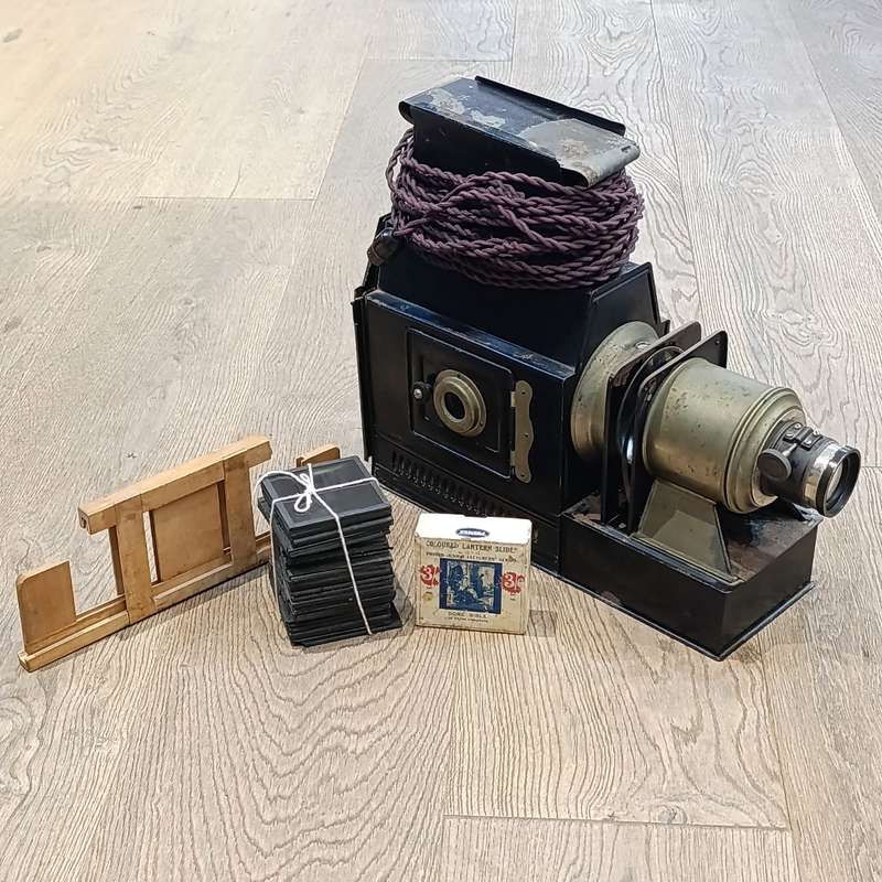Antique Magic Lantern projector with 56 glass slides