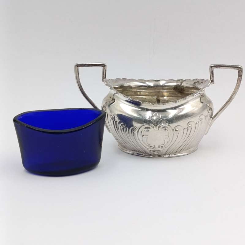 Pair of antique silverplated salt cellars with glass inners