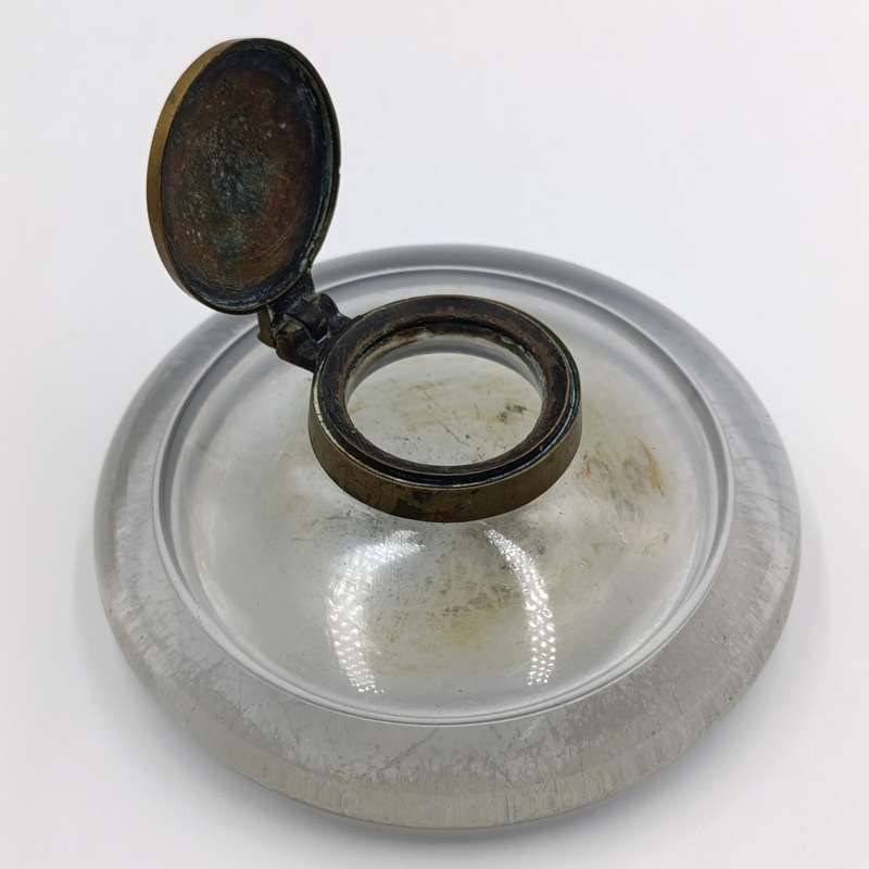 Antique lead glass inkwell with copper lid