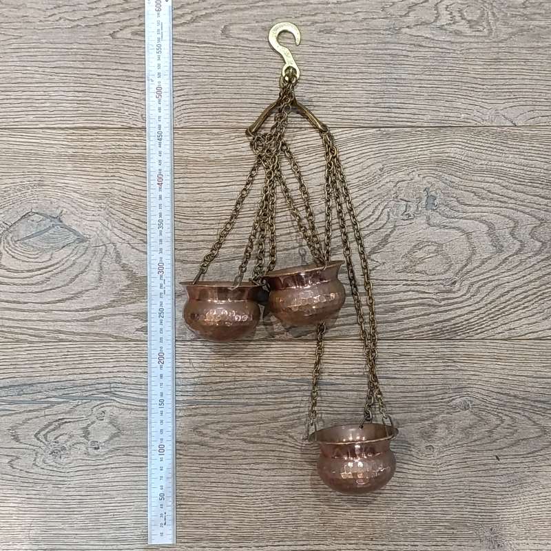 Set of 3 Antique copper flower pots with brass hook