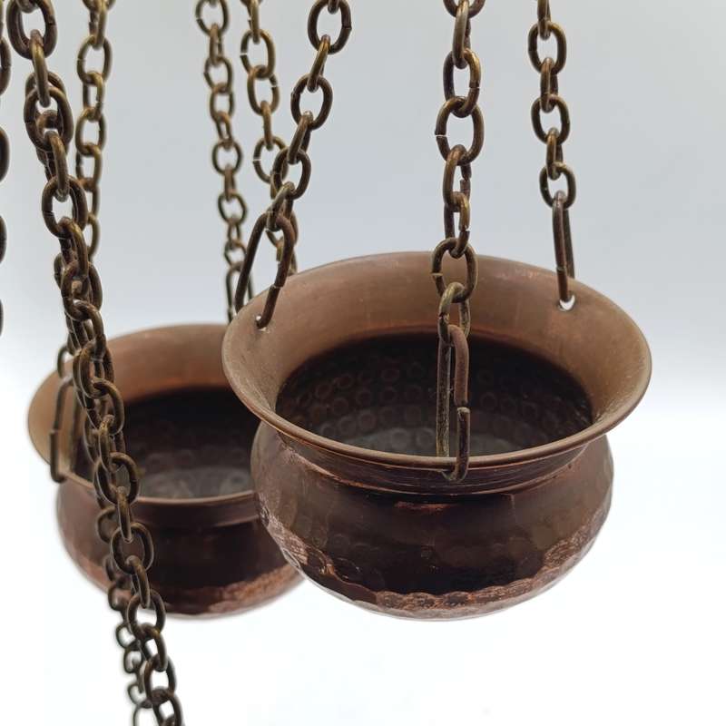 Set of 3 Antique copper flower pots with brass hook