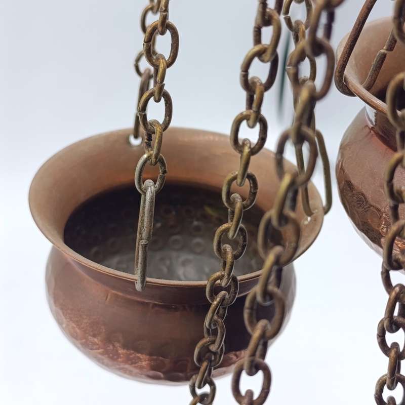 Set of 3 Antique copper flower pots with brass hook