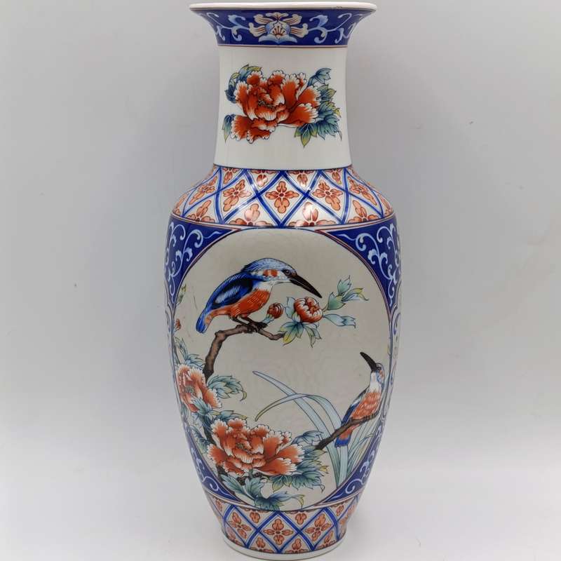 Vintage Japanese Kingfisher and floral design flower vase