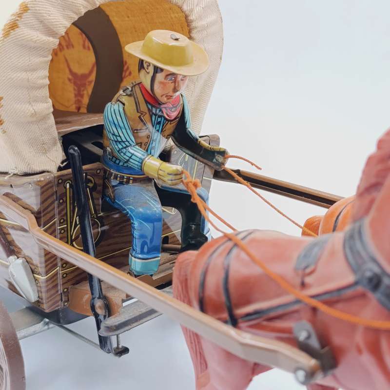 Vintage Japanese tinplate wagon master toy - battery operated - needs new strings