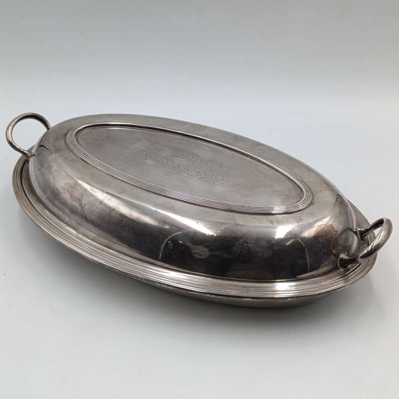 Vintage Rhodesian silverplated serving bowl with lid given to Lt. Col. A.M Oscroft by The President