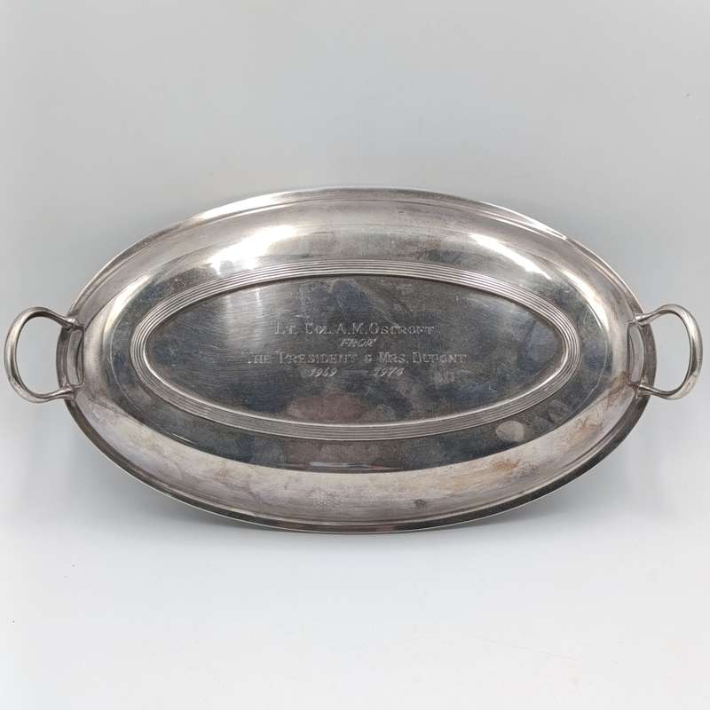 Vintage Rhodesian silverplated serving bowl with lid given to Lt. Col. A.M Oscroft by The President