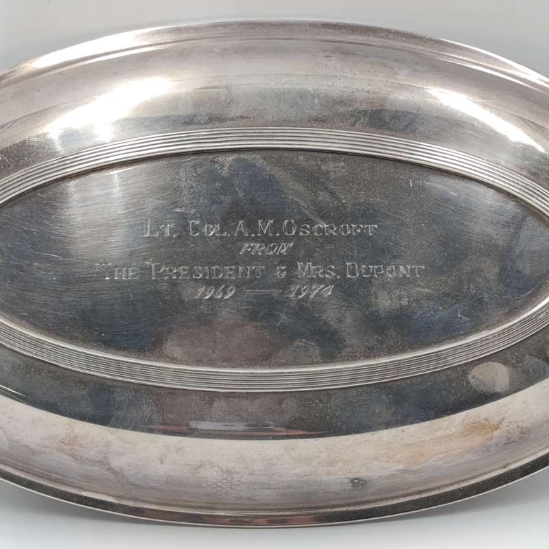 Vintage Rhodesian silverplated serving bowl with lid given to Lt. Col. A.M Oscroft by The President
