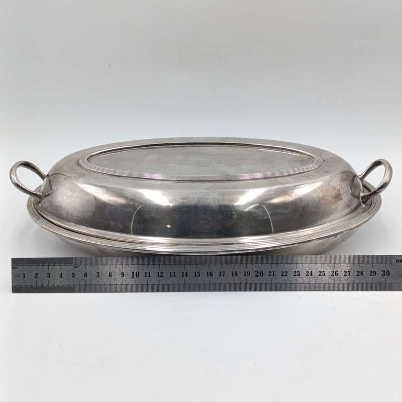Vintage Rhodesian silverplated serving bowl with lid given to Lt. Col. A.M Oscroft by The President