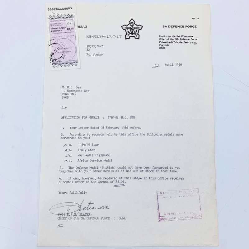 Set of 5 WW2 medals issued to 578145 HJ. Sem - with documents