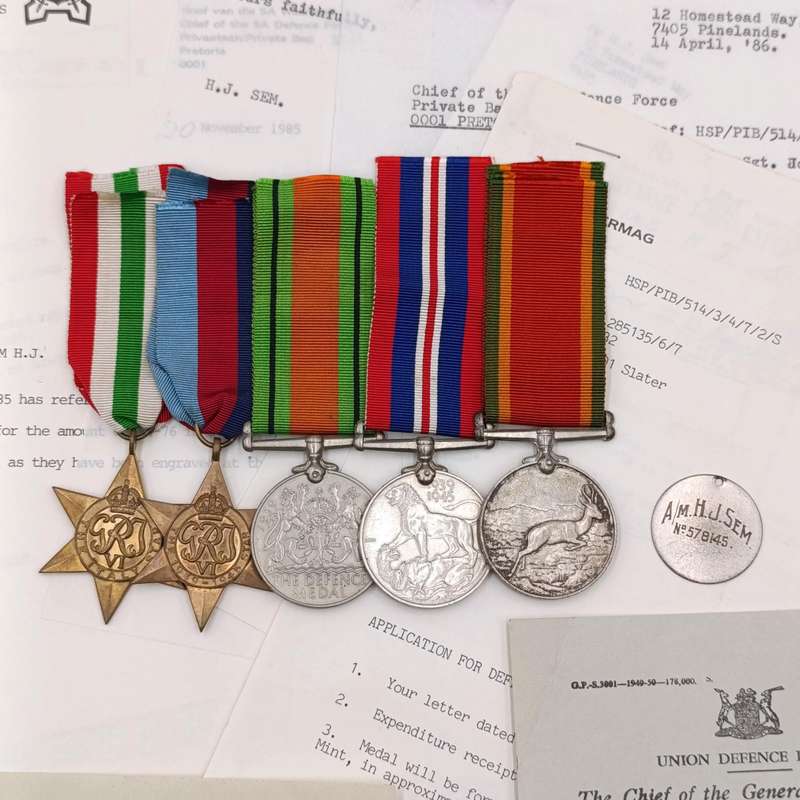 Set of 5 WW2 medals issued to 578145 HJ. Sem - with documents