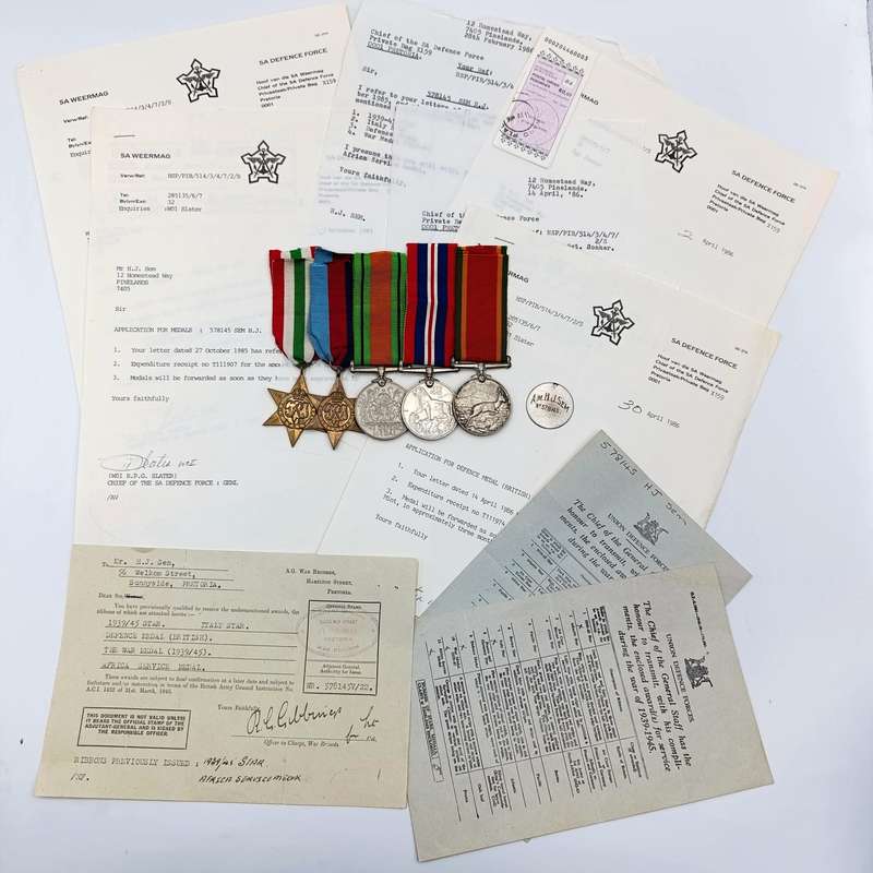Set of 5 WW2 medals issued to 578145 HJ. Sem - with documents