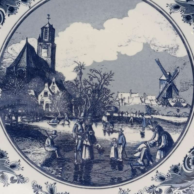 Vintage Delft Sunday winter scene on the frozen Delft canal porcelain plate